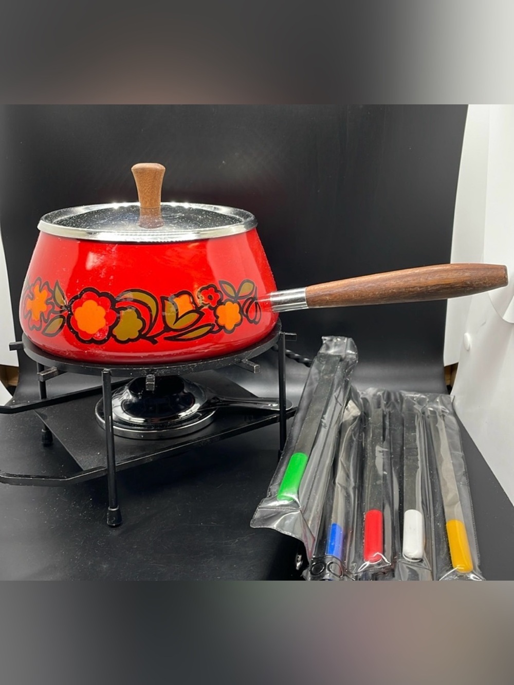 Vintage 70s Braun & Kemmler Orangish Red Enamel Floral Fondue Set  + Skewers